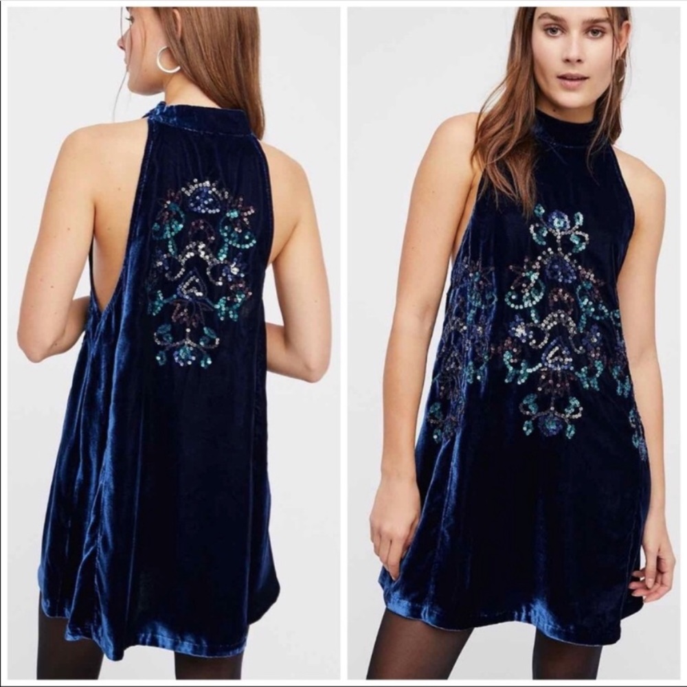 Free People Navy Velvet Embellished Halter Dress